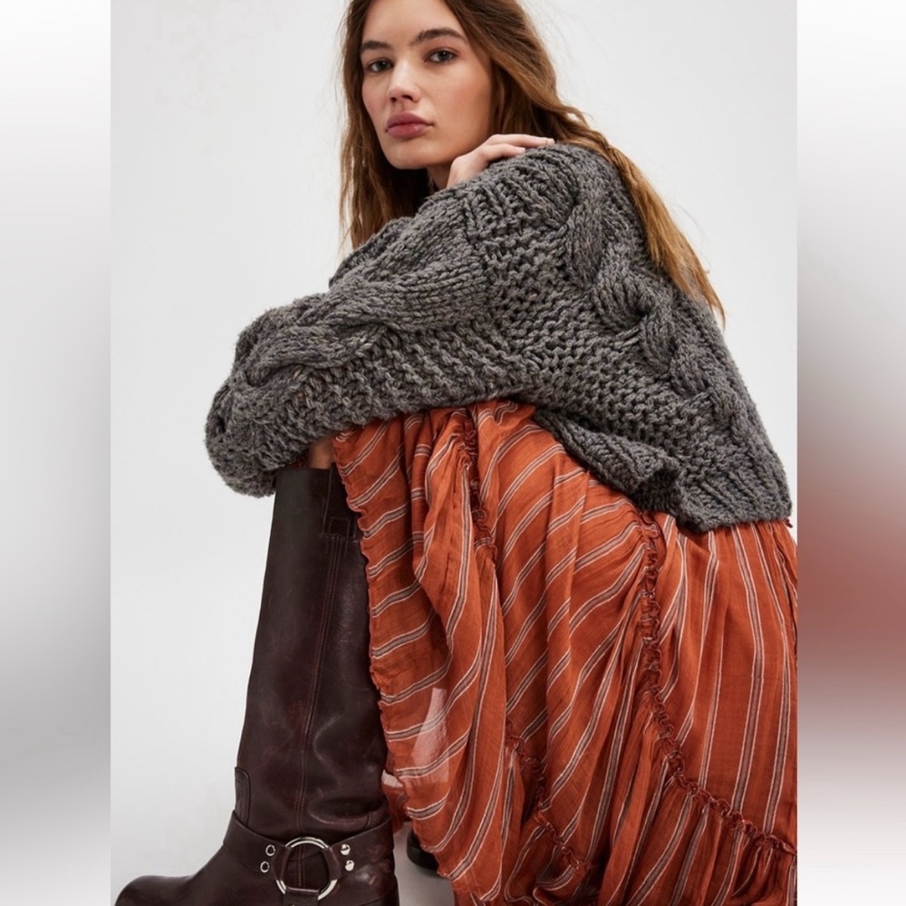 Free People One Ember Printed Flowy Midi Skirt In Terracotta Stripe - Picture 15 of 15